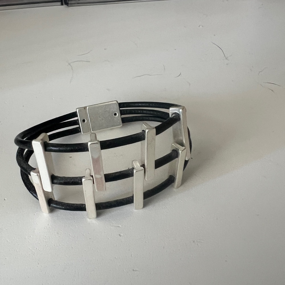 Black Leather and Silver Bracelet